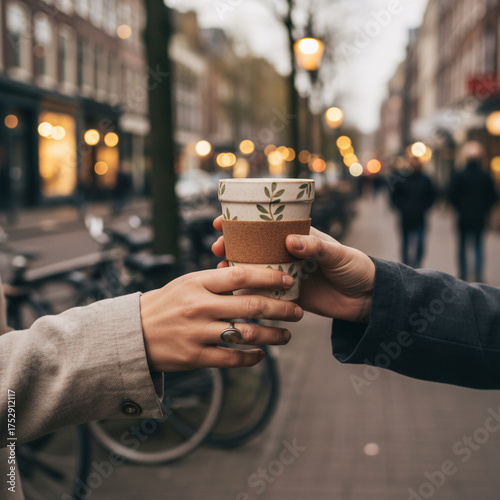 Urban moment of two people sharing a reusable takeaway cup, captured with real textures and shallow depth of field, reflecting eco friendly habits.