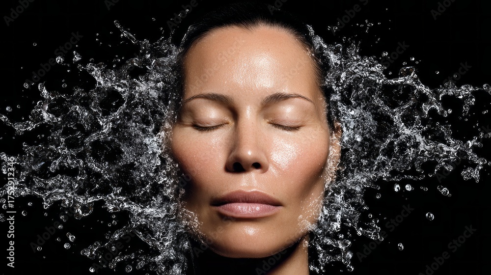 Fototapeta premium A serene Asian woman stands with her eyes closed, surrounded by sparkling water droplets that create a stunning visual around her