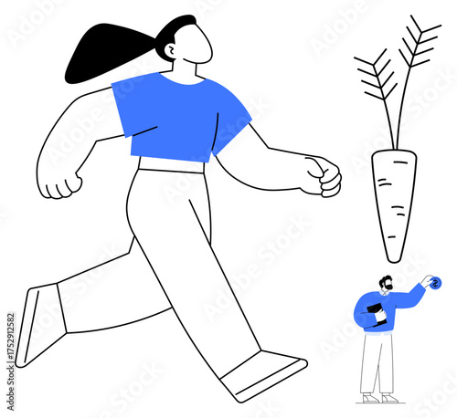Woman in motion symbolizing ambition, carrot as goal or reward, smaller observer highlighting perspective and focus. Ideal for motivation, health, goals, perseverance, achievement, self-growth