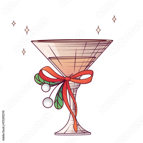 Elegant holiday cocktail glass with red ribbon, berries, and mistletoe. Vector festive drink illustration for New Year or Christmas celebration design.