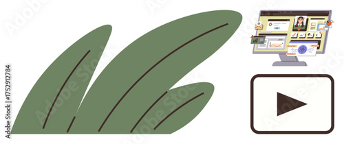 Computer monitor displaying digital learning platform, large play button for video learning, complemented by abstract green leaf shapes. Ideal for online learning, remote work, technology