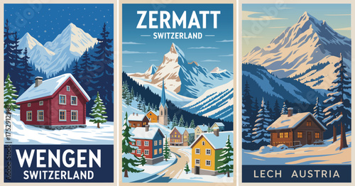 Set of Retro Ski Travel Posters Featuring Zermatt, Wengen, Switzerland, Lech Austria with Vintage Vector Colorful Illustrations for Winter Holidays and Active Lifestyle Designs.