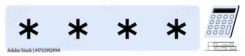 Row of asterisks representing a hidden password alongside a calculator, linking encryption, data security, and confidentiality. Ideal for cybersecurity, technology, authentication, privacy