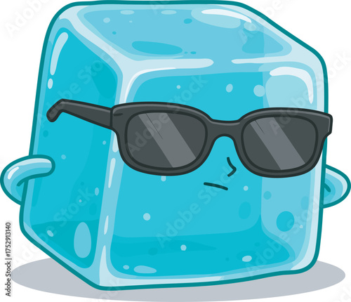 Skeptical blue ice cube character with its arms crossed, wearing black sunglasses. Fun, refreshing, and trendy cartoon mascot illustration with a shiny, translucent texture, expressing an unimpressed.