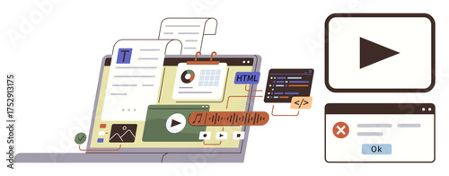 Open laptop displaying multimedia files, coding scripts, and charts. Additional panels show alerts, play button. Ideal for technology, coding, education, content creation software development data