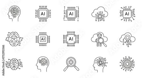 Artificial intelligence and machine learning concepts represented by line icons set