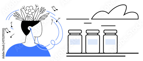 Person wearing earphones with plants and flowers emerging from their head, surrounded by music notes. Three jars standing in a row on a minimalist shelf beside cloud lines. Ideal for creativity