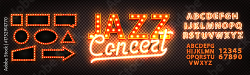 Vector neon sign of Jazz Concert with marquee frames and alphabet set isolated on transparent background.