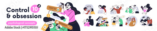 Unhealthy toxic relationship with lack of boundaries, personal space. Psychology concept, manipulation, control. Obsessive intrusive people set. Flat vector illustration isolated on white background