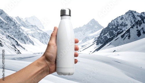Hand holding white reusable water bottle. Insulated steel thermos mockup. Isolated on white background