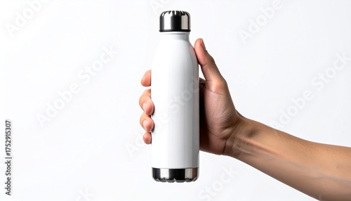 Hand holding white reusable water bottle. Insulated steel thermos mockup. Isolated on white background