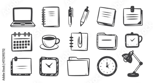 Collection of handdrawn office and school supplies icons isolated on white background