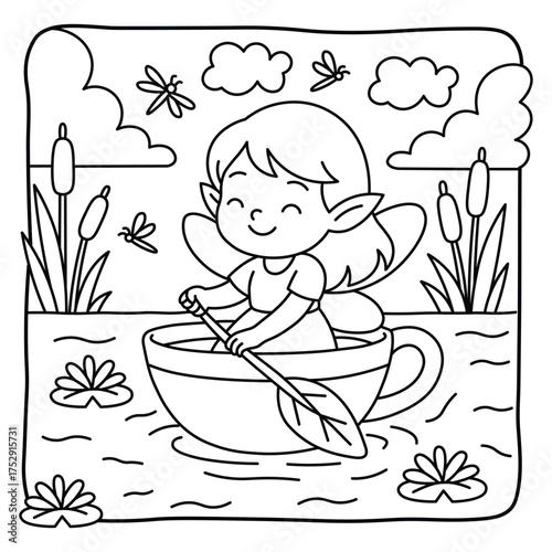 Cute Fairy Girl Rowing in Teacup | Hand Drawn Magical Coloring Page