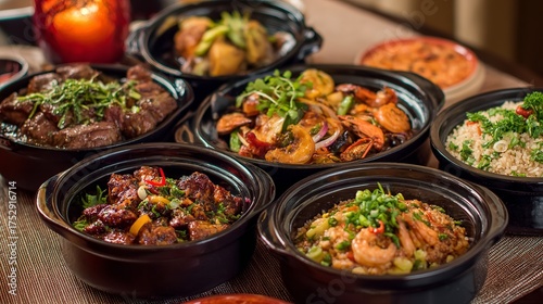 Diverse Asian cuisine buffet ready to enjoy, perfect for restaurant menus, catering services, and food blog posts featuring delicious dishes