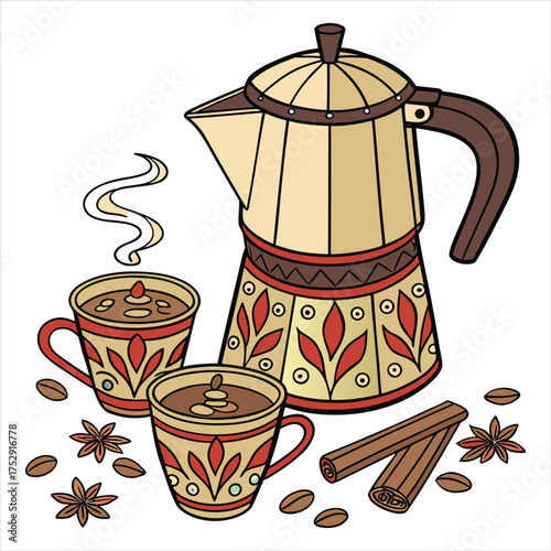 Traditional moka pot with cups of coffee
