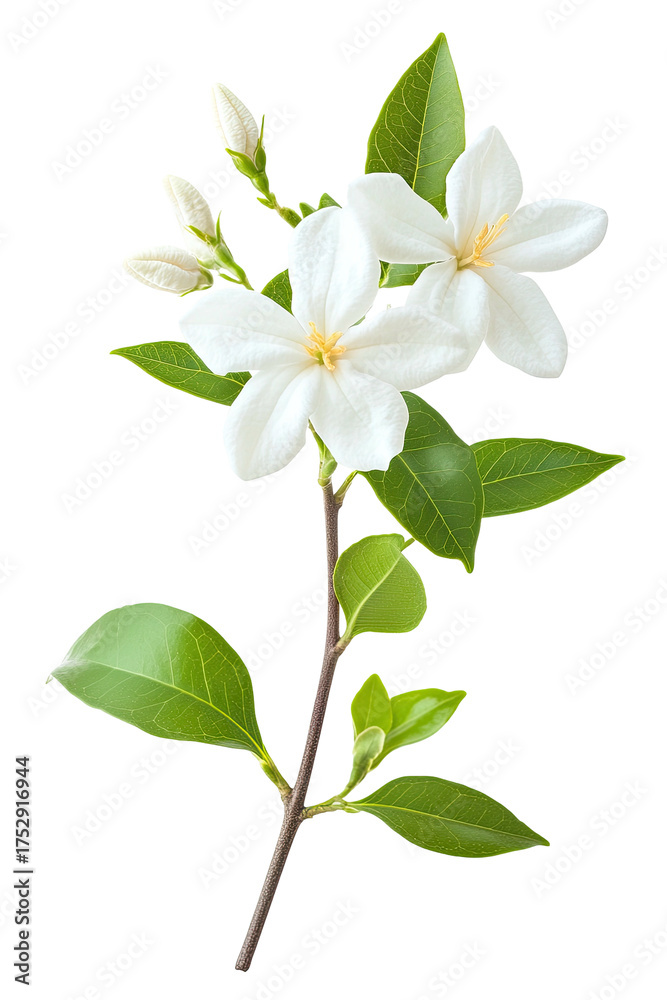 Obraz premium Branch of white flowers with green leaves