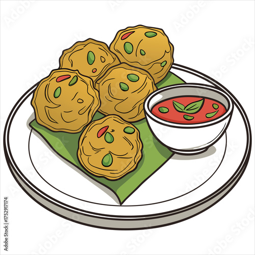 Indian pakora with dip, vector illustration