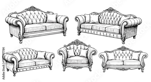 Luxury sofa and couch collection — engraving sketch hand drawn black white vintage illustration vector
