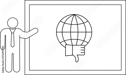 Presenter gestures to a globe with a thumbsdown sign on a screen