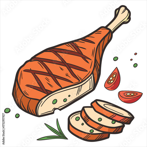 Grilled chicken leg, served with tomato slices