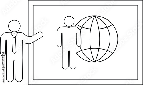 Two stick figures stand before a world globe depicted on a whiteboard