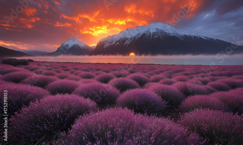 Dramatic Sunset Over Lavender Field and Snowy Mountains Reflecti