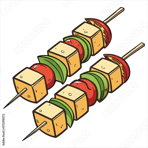 Two skewers with paneer and vegetables illustration