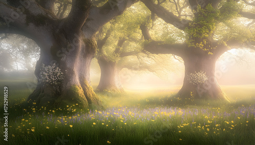 Ethereal Forest Glade: Ancient Trees Bathed in Golden Light with