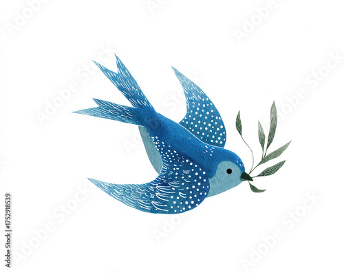 A blue swallow holding an olive branch in its beak, painted with white dots on the wings and body