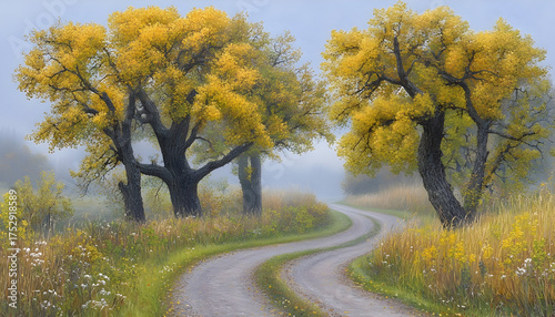 Winding Road Through Golden Autumn Trees in a Misty Landscape