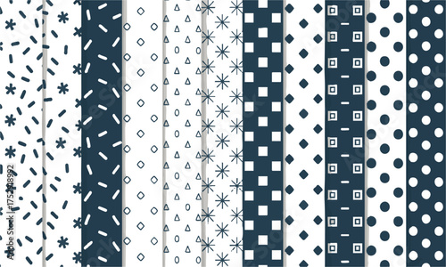 Geometric Confetti & Squiggle Vector Patterns — Navy-White Dual Bundle, textile design, fabric print, easily editable.