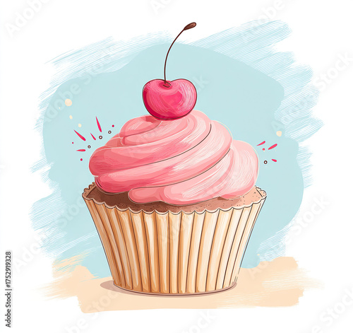 
A cute cupcake with pink frosting and a cherry on top, in a clipart style, isolated on a white background.
