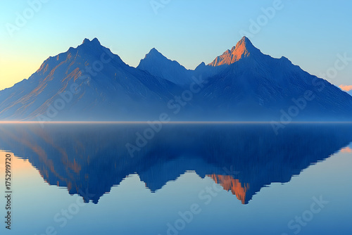 Serene mountain range reflected in calm water at sunrise, bathed