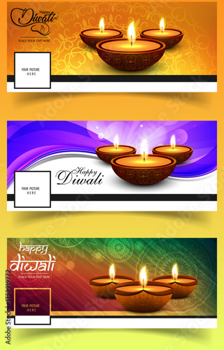 Happy Diwali Facebook cover template with glowing clay diya lamps, colorful festive backgrounds, light effect, festival of lights celebration banner design, editable vector social media post layout