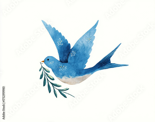 
A simple logo of a blue swallow holding an olive branch, painted in a watercolor style on a white background.