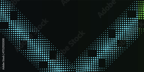 Abstract digital art featuring a pattern of small, glowing blue and green squares against a dark background.