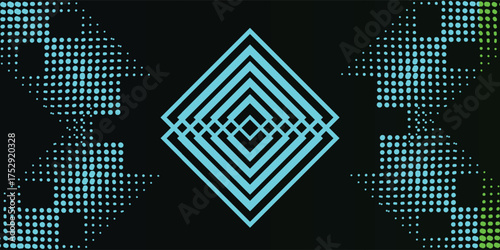 Abstract geometric design with a central diamond shape and pixelated patterns on a dark background.