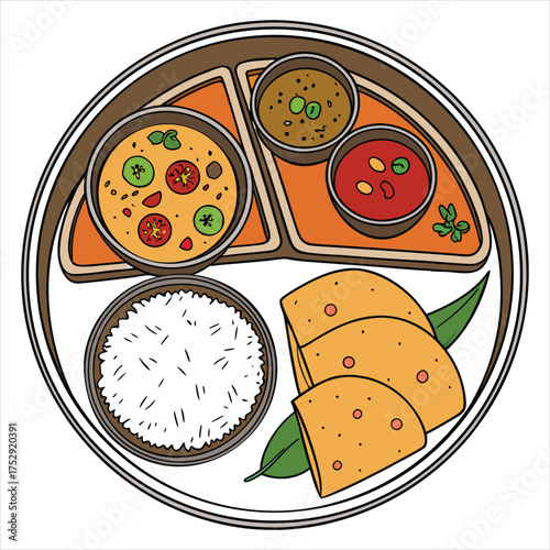 Traditional indian thali meal with rice and roti