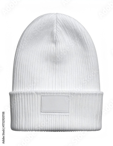 White ribbed knit beanie hat with a blank patch for a logo mockup. Isolated on white background