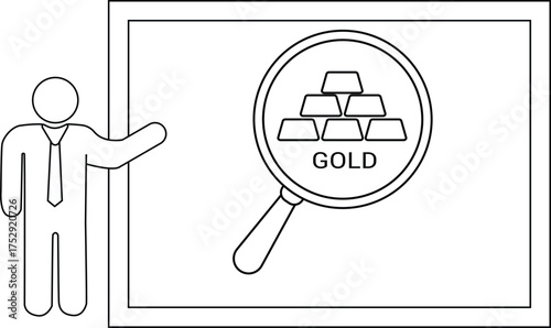 A figure gestures towards a screen displaying a magnifying glass over gold bars labeled GOLD