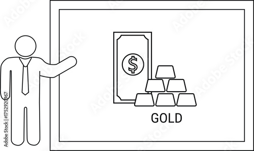 A figure presents a graphic of cash gold and text GOLD inside a frame