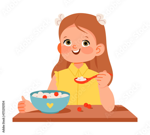 Cute girl eating healthy porridge for breakfast. Kids menu, healthy eating. Flat vector illustration.
