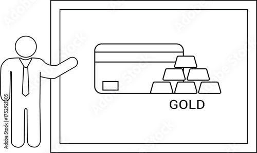 A presentation featuring a stick figure pointing to a screen displaying a credit card and gold bars