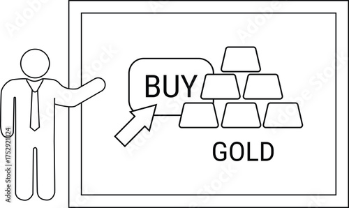 A stick figure gestures to a monitor showing gold bars with buy and gold captions