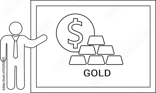 Man presents a gold bar stash beneath a dollar coin within a framed space