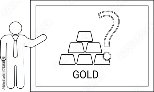 Man presenting gold  question mark Illustration of a query about precious metals
