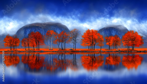 Vibrant Autumn Trees Mirrored in a Still Lake Against Misty Moun