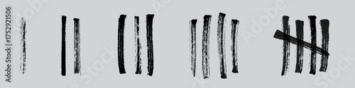 Tally marks brush strokes set. Grunge black hand-painted counting numbers from one to four on gray background. Design elements for decorations or infographics. Graphic vector illustration.