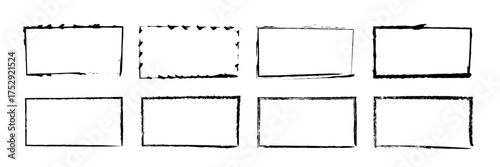 Brush rectangular frames in crayon style. Black grunge borders with rough brush strokes isolated on white. Hand drawn sketchy frames for design, notes, social media. Realistic vector illustration.