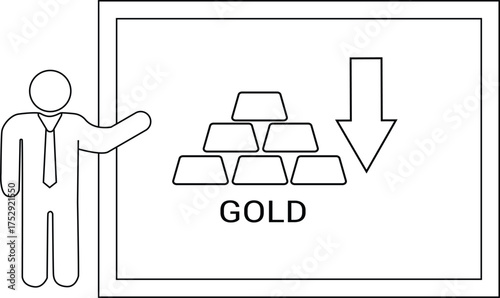Presentation about gold prices decreasing with a presenter next to the board